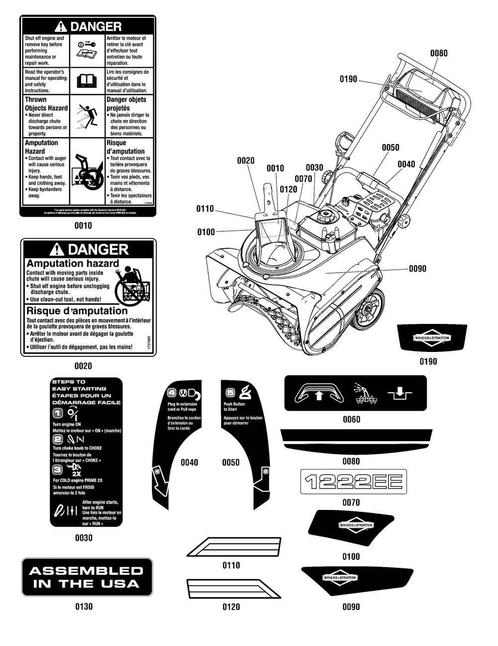 Decals Group Diagram and Parts List for 1696507-00-1222EED 2015 Briggs and Stratton Snow Blower
